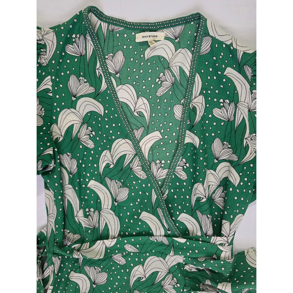 MaxStudio Green Floral Polka Dot Ruffle Wrap Dress Flutter Sleeve 8912C60 Medium - Picture 6 of 16